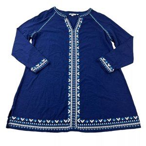 Boden A-Line Dress Women’s XL Navy Blue Embroidered Trim Henley Long Sleeve